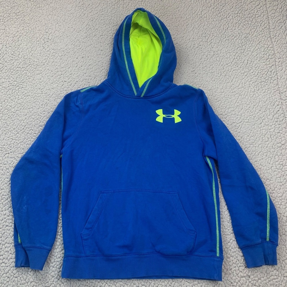 Under Armour Hoodie Boys Large Blue Neon Green Loose Fit Fleece Pullover